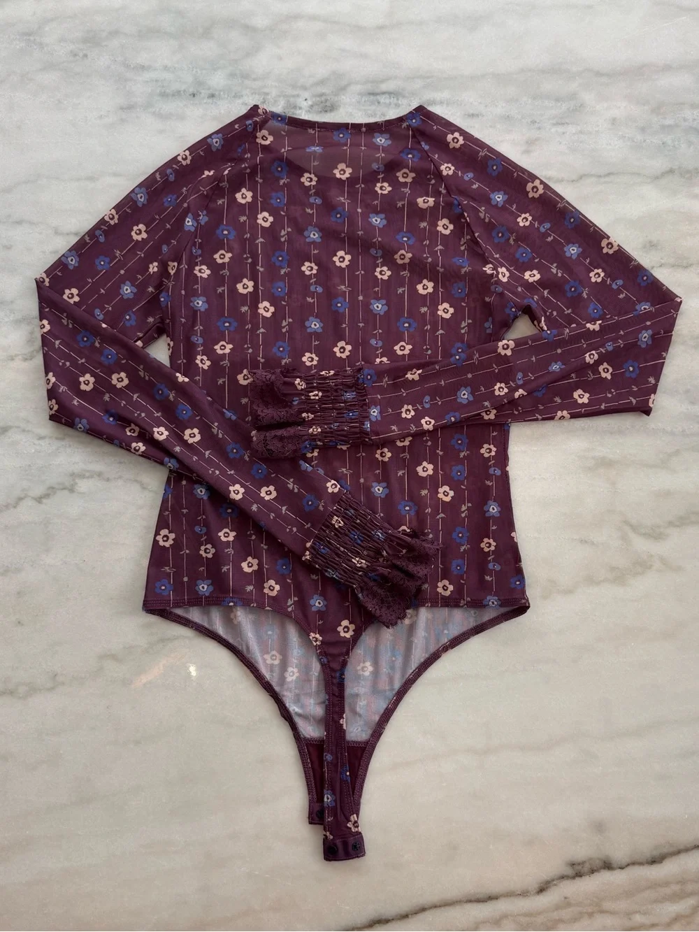 Free People Up All Night Printed Bodysuit Plum Floral Mesh Women Size M